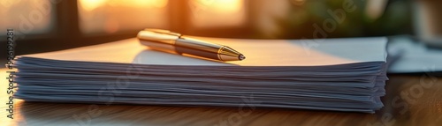 A stack of blank papers with a pen resting on top, illuminated by warm sunlight from a window.