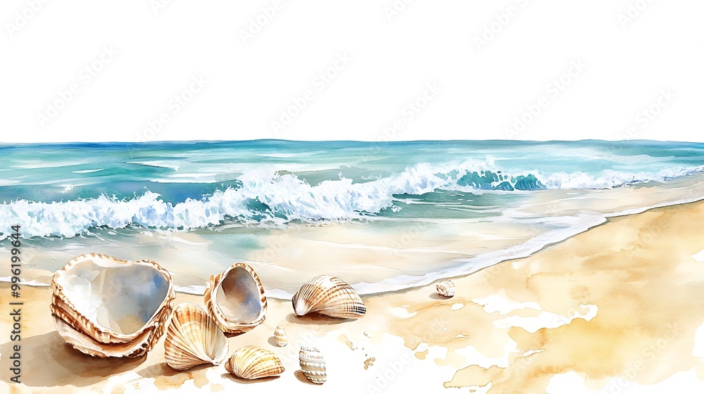 Seashells on the Beach with Watercolor Ocean Waves. Seashells on the Beach with Watercolor Ocean Waves.