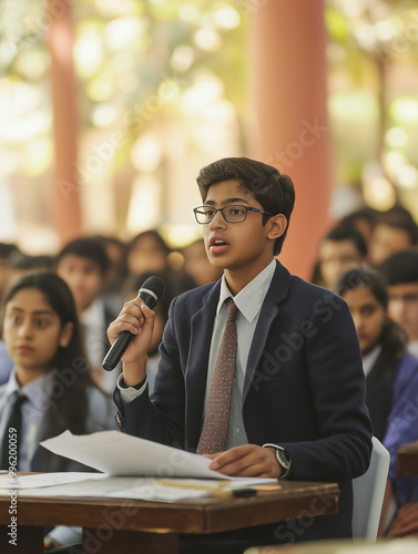 A boy in a suit and tie is speaking into a microphone