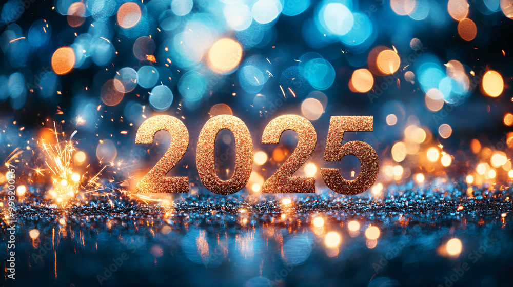 Golden number 2025 and fireworks on blue sparkle and glitter bokeh background. Merry Christmas and Happy New Year celebrating winter holiday background. Golden number 2025 and fireworks on blue sparkle and glitter bokeh background. Merry Christmas and Happy New Year celebrating winter holiday background.