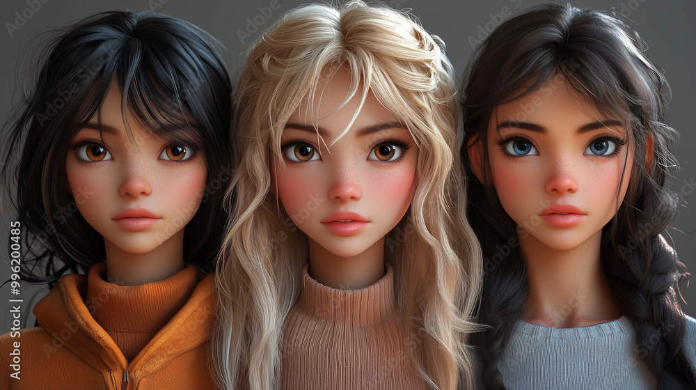 Three beautifully crafted dolls with distinct hairstyles and expressions, showcasing artistic detail and diversity in features and colors. Three beautifully crafted dolls with distinct hairstyles and expressions, showcasing artistic detail and diversity in features and colors.