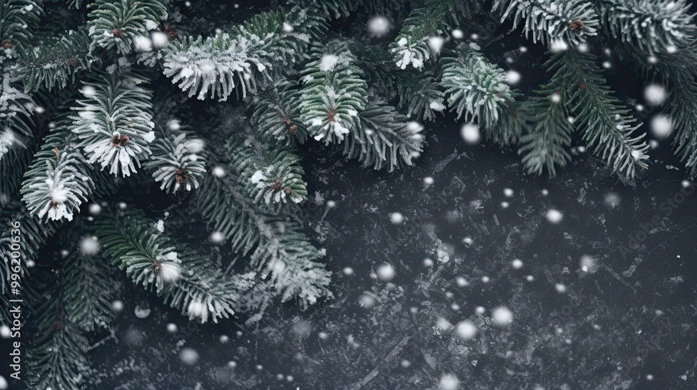 Snowy Christmas tree branches or snowy Christmas fir tree on a dark gray background Snowy Christmas tree branches or snowy Christmas fir tree on a dark gray background