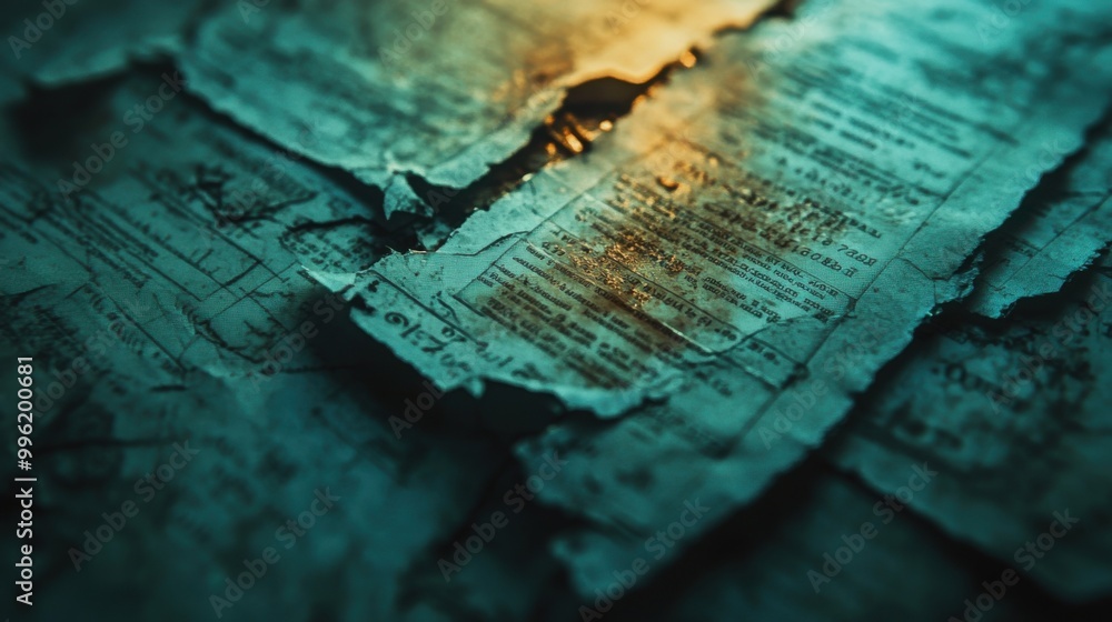 Fototapeta premium Close-up of textured, aged paper with a mystical, greenish hue and subtle light reflections.