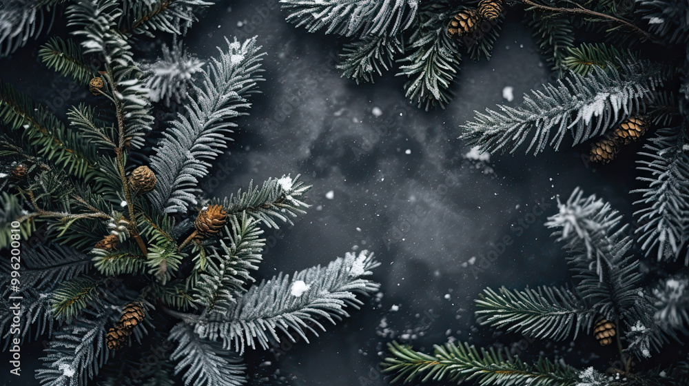 Snowy Christmas tree branches or snowy Christmas fir tree on a dark gray background Snowy Christmas tree branches or snowy Christmas fir tree on a dark gray background