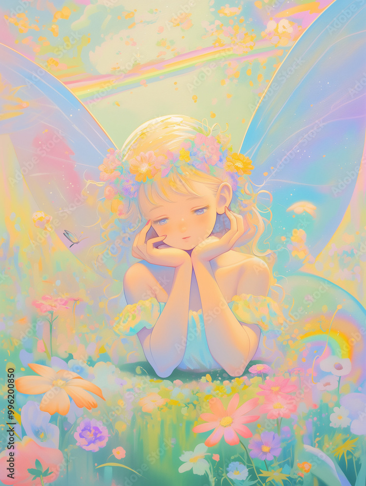 Charming fairy with shimmering wings amidst a floral paradise and vivid rainbows, casting a sparkling glow over the magical scenery, Charming fairy with shimmering wings amidst a floral paradise and vivid rainbows, casting a sparkling glow over the magical scenery,