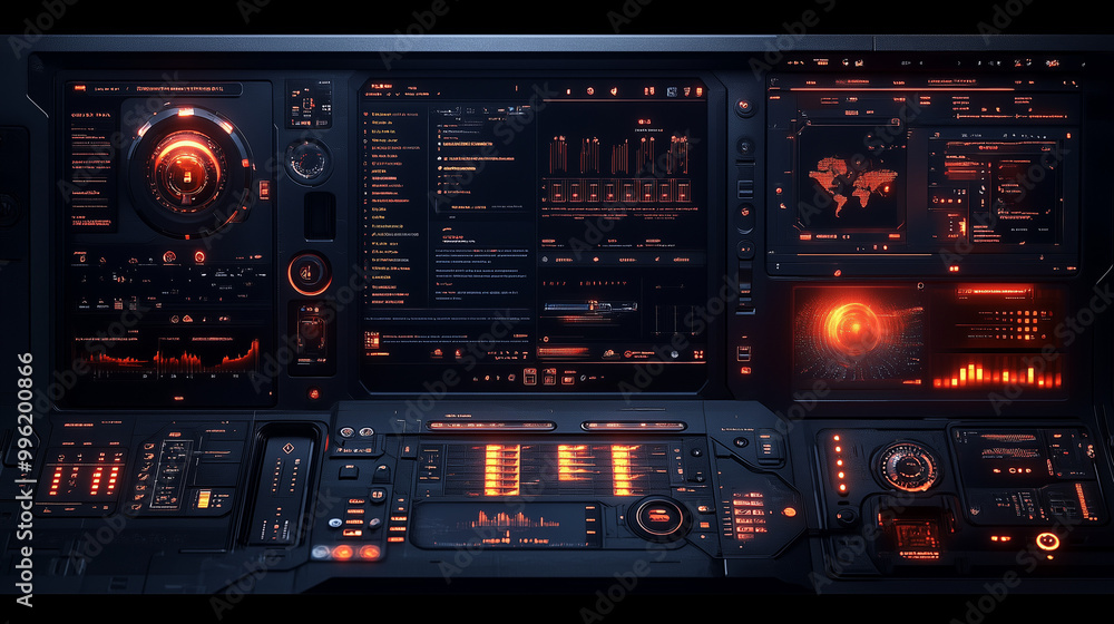 A high-tech, futuristic control panel with dark tones and glowing orange lights, displaying various digital interfaces and metrics. A high-tech, futuristic control panel with dark tones and glowing orange lights, displaying various digital interfaces and metrics.