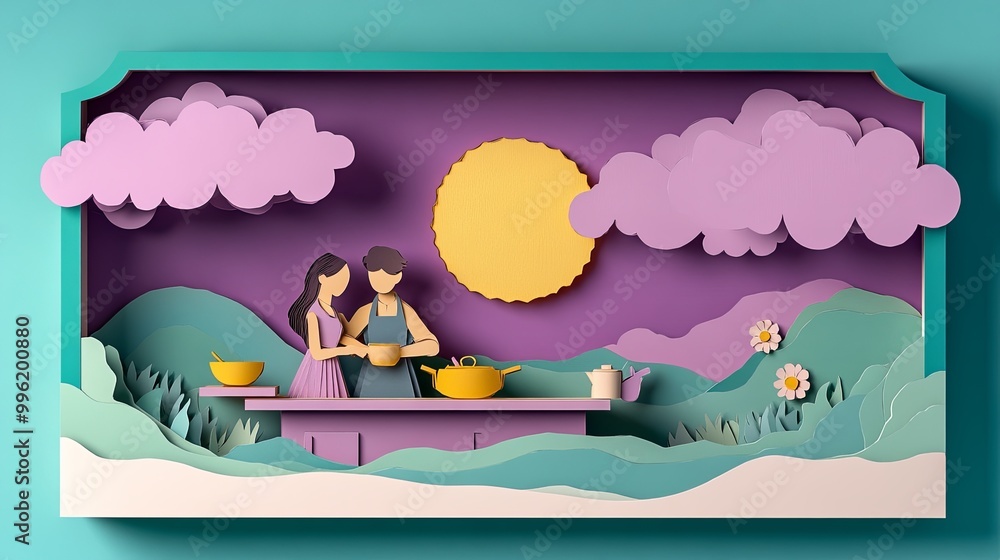 A whimsical shadow box depicting two characters cooking under a bright sun, surrounded by colorful clouds and flowers. A whimsical shadow box depicting two characters cooking under a bright sun, surrounded by colorful clouds and flowers.