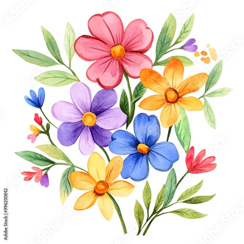 Watercolor spring flowers clipart, cute, colorful, white background, simple design, simple illustration,