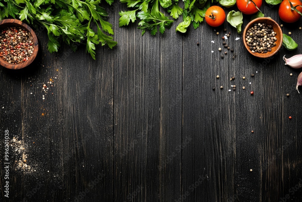 The background of cooking. On a black wooden background. Top view. Free space for your text with generative ai The background of cooking. On a black wooden background. Top view. Free space for your text with generative ai