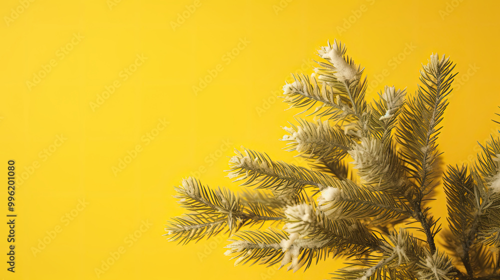 Snowy Christmas tree branches or snowy Christmas fir tree on a yellow background Snowy Christmas tree branches or snowy Christmas fir tree on a yellow background