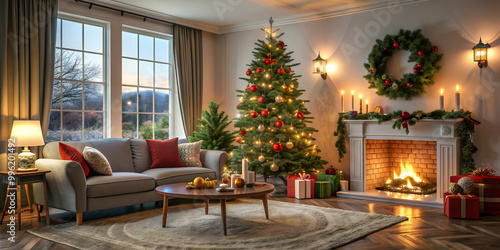 Festive Christmas decorations in cozy living room , holiday, celebration, ornaments, lights, candles, joy, family, tradition, winter