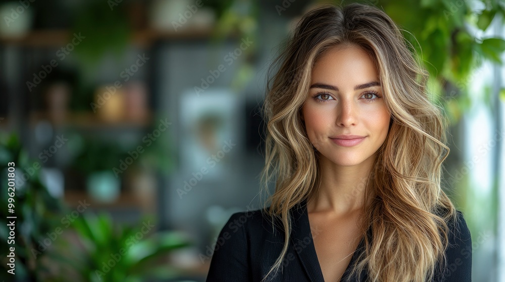 Obraz premium Portrait of a Beautiful Woman with Long Blonde Hair Smiling at the Camera