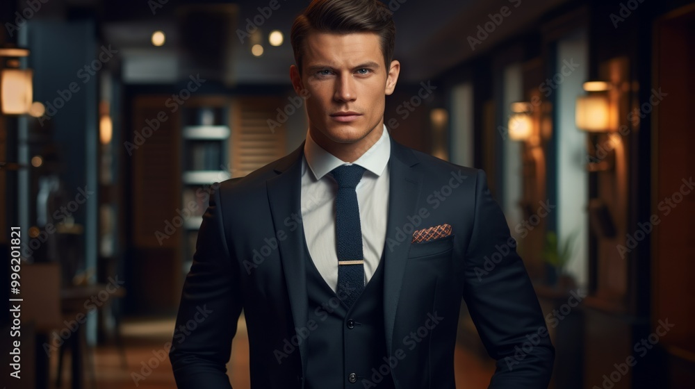 Portrait of handsome man in elegant suit on a dark background. Neural network ai generated art Portrait of handsome man in elegant suit on a dark background. Neural network ai generated art