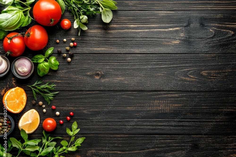 The background of cooking. On a black wooden background. Top view. Free space for your text with generative ai The background of cooking. On a black wooden background. Top view. Free space for your text with generative ai