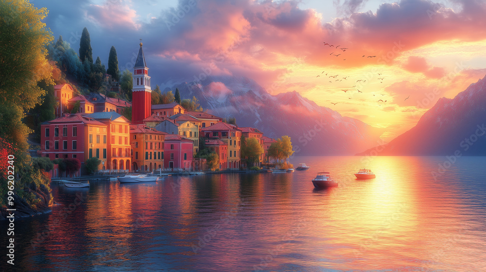 Fototapeta premium A serene sunset over a picturesque lakeside village, featuring colorful buildings, calm waters, and a beautiful sky filled with clouds and birds.