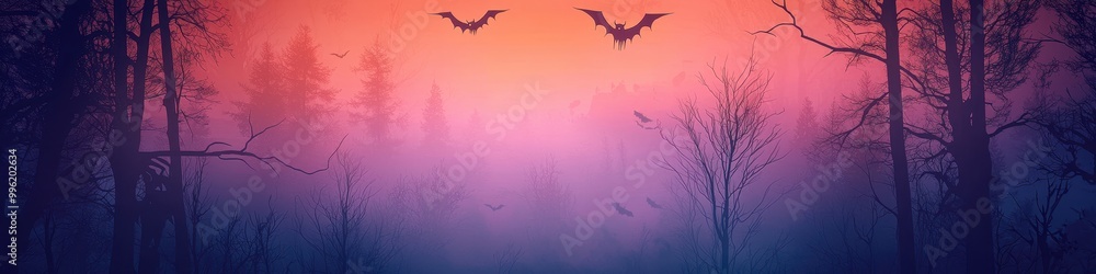 Fototapeta premium Dark forest with fog, skeletons, and witches flying on broomsticks across a purple sky, [Halloween banner], [creepy and magical Halloween night].