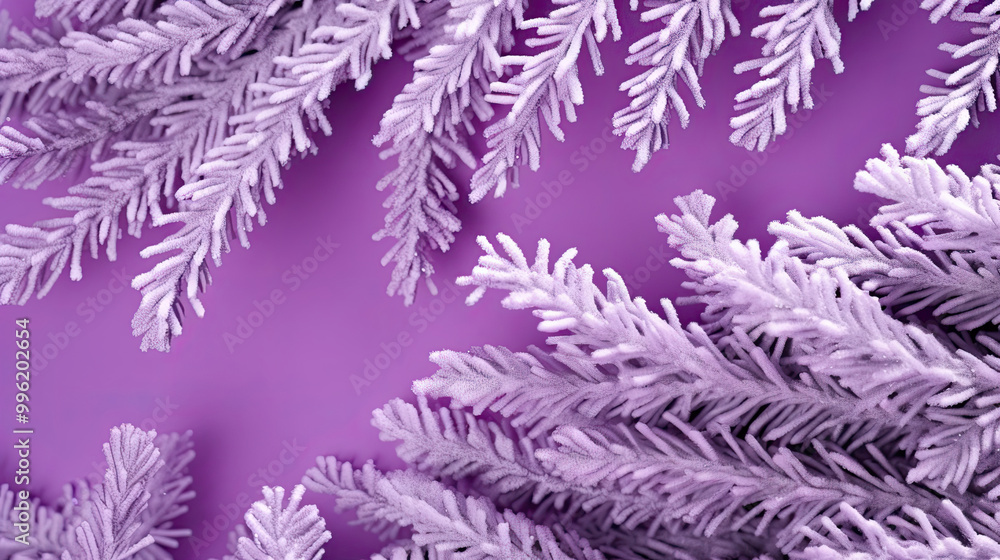 Snowy Christmas tree branches or snowy Christmas fir tree on a violet background Snowy Christmas tree branches or snowy Christmas fir tree on a violet background