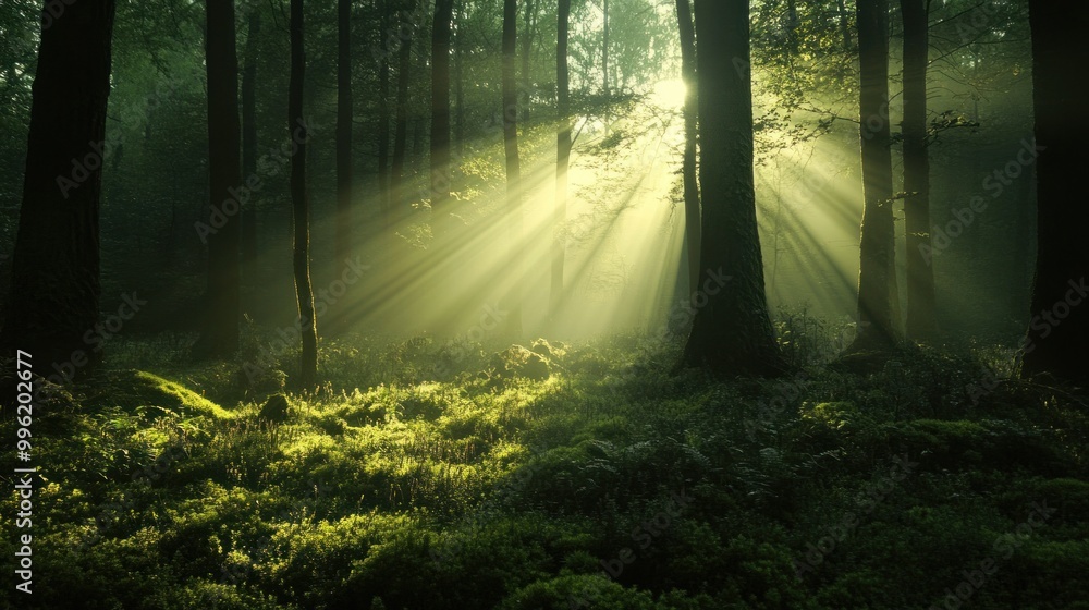 Obraz premium Sunbeams Piercing Through a Foggy Forest