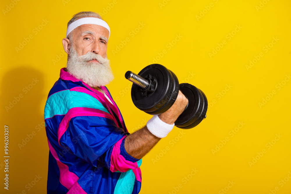 Photo portrait poster of handsome granddad sportsman proud lift weights wear trendy vintage sportswear isolated on yellow color background Photo portrait poster of handsome granddad sportsman proud lift weights wear trendy vintage sportswear isolated on yellow color background
