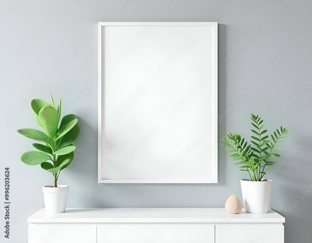 A blank white frame on a gray wall, with a potted plant on top of a white cabinet or shelf, a white table with a bowl of green plants A blank white frame on a gray wall, with a potted plant on top of a white cabinet or shelf, a white table with a bowl of green plants