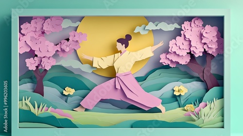 A serene paper craft scene ...