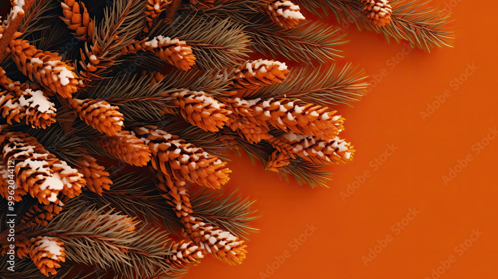 Naklejka premium Snowy Christmas tree branches or snowy Christmas fir tree on a dark orange background
