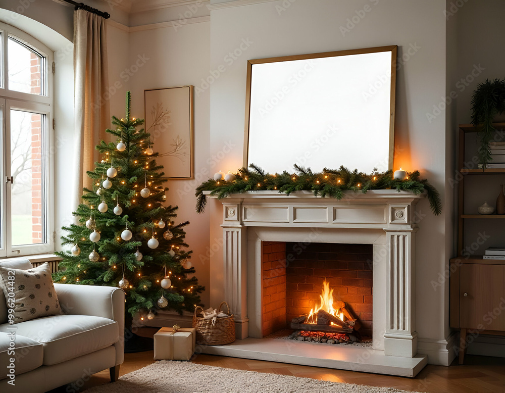 A cozy living room with a fireplace, a Christmas tree, and a blank white frame on the mantel A cozy living room with a fireplace, a Christmas tree, and a blank white frame on the mantel