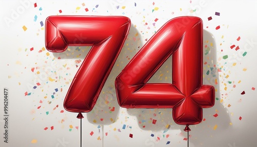 Red birthday / anniversary balloon, number 74, white background with confetti