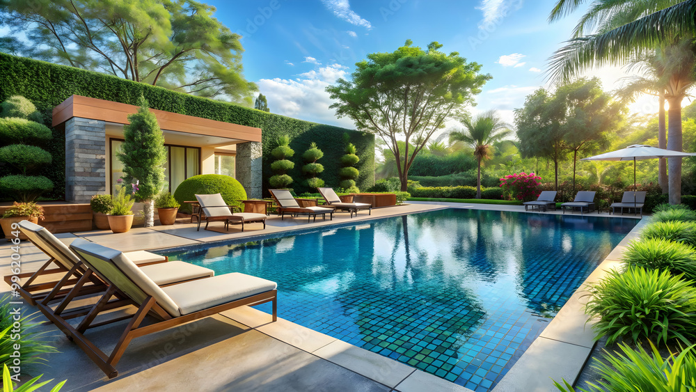 Luxurious swimming pool with sparkling blue water, surrounded by elegant landscaping and lounge chairs, luxury Luxurious swimming pool with sparkling blue water, surrounded by elegant landscaping and lounge chairs, luxury