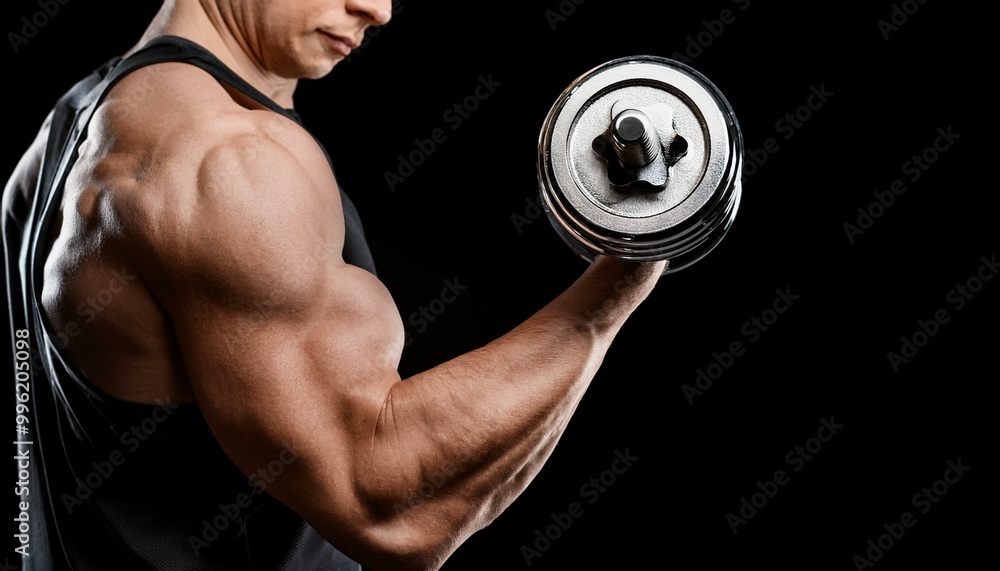 A muscular man is showing his biceps while curling a dumbbell; a fit and muscular arm training with a dumbbell; a man is curling his arm and showing his well developed muscles; sports photography A muscular man is showing his biceps while curling a dumbbell; a fit and muscular arm training with a dumbbell; a man is curling his arm and showing his well developed muscles; sports photography