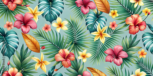 Minimalistic seamless pattern featuring tropical floral elements in a summer color palette, tropical, floral, seamless