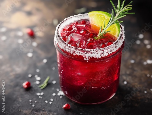 Pomegranate margarita with a salted rim and lime wedge, served in a mason jar with a sprig of rosemary  photo