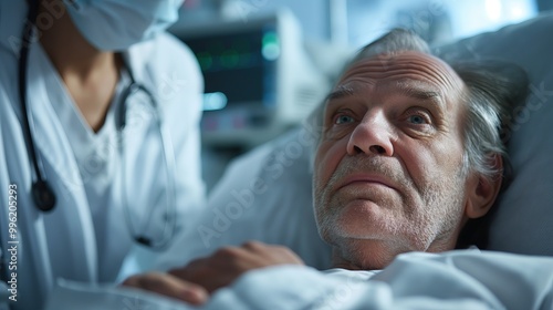 Close-up of medical professional examining patient with rare illness, using stethoscope and medical equipment. Patient's concern and doctor's focused attention, ideal for healthcare, medical