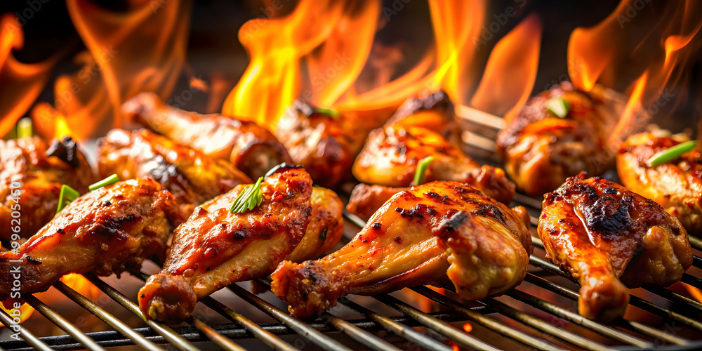 Grilled chicken wings on a sizzling hot grill , barbecue, food, delicious, cookout, summer, tasty, seasoned, appetizer Grilled chicken wings on a sizzling hot grill , barbecue, food, delicious, cookout, summer, tasty, seasoned, appetizer