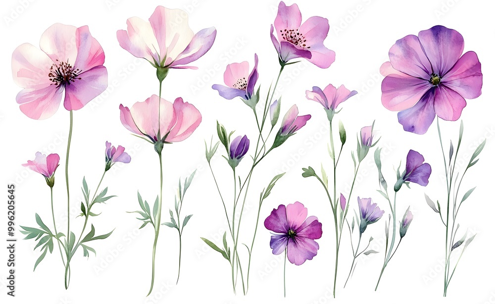 Watercolor wild flower clipart, pink and purple flowers on a white background, in different angles and poses. Watercolor wild flower clipart, pink and purple flowers on a white background, in different angles and poses.