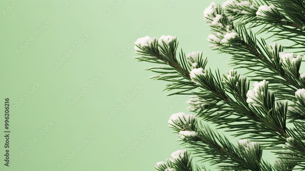 Obraz premium Snowy Christmas tree branches or snowy Christmas fir tree on a light lime background