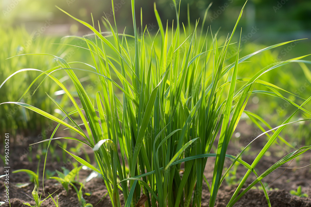 Fototapeta premium A bunch of green grass is growing in a field