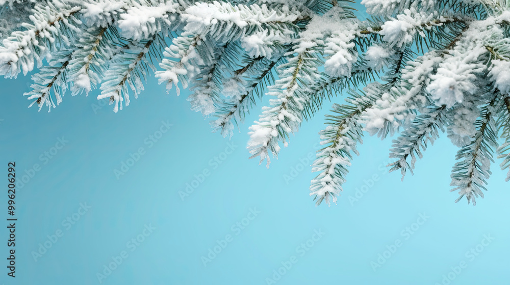 Snowy Christmas tree branches or snowy Christmas fir tree on a light cyan background Snowy Christmas tree branches or snowy Christmas fir tree on a light cyan background