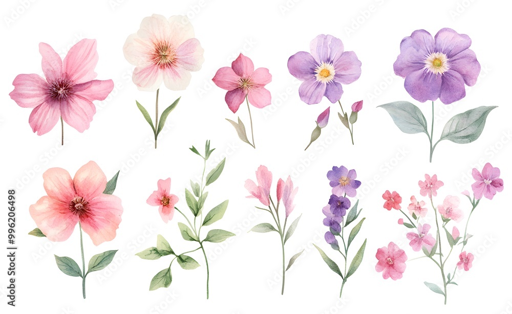 Watercolor wild flower clipart, pink and purple flowers on a white background, in different angles and poses. Watercolor wild flower clipart, pink and purple flowers on a white background, in different angles and poses.