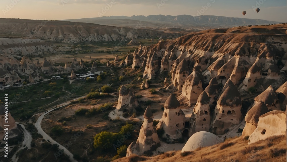 Naklejka premium Enchanting Morning in Cappadocia with Hot Air Balloons Enhancing the Dramatic Landscape