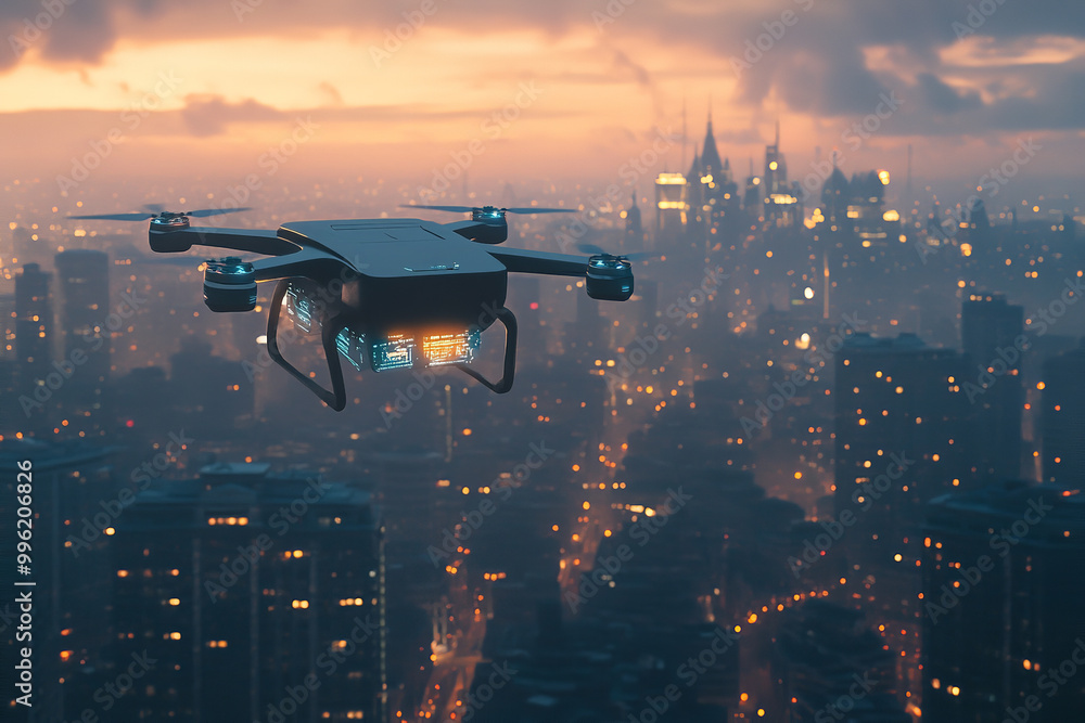 Futuristic Drone Logistics Over Urban Landscape at Dusk Futuristic Drone Logistics Over Urban Landscape at Dusk