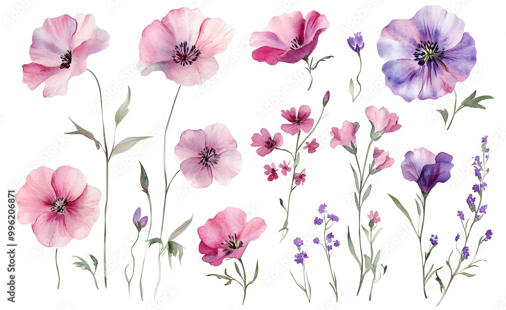 custom made wallpaper toronto digitalWatercolor wild flower clipart, pink and purple flowers on a white background, in different angles and poses. 