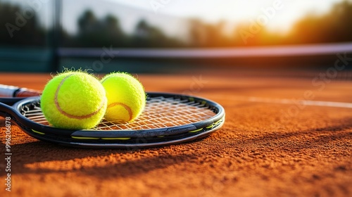 Tennis ball and racket on a blue court with net in the background at sunset