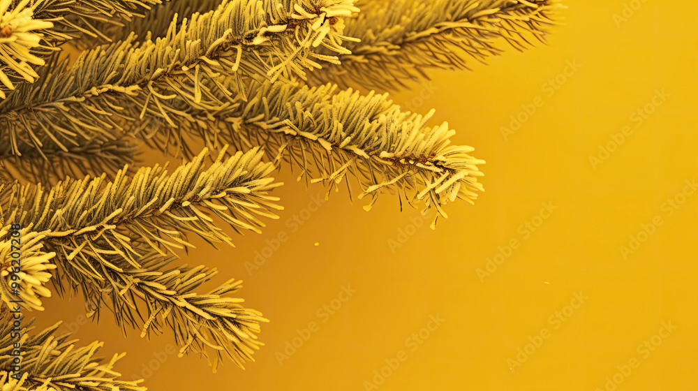 Snowy Christmas tree branches or snowy Christmas fir tree on a vivid yellow background Snowy Christmas tree branches or snowy Christmas fir tree on a vivid yellow background