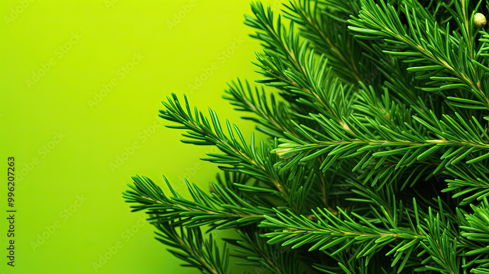 Snowy Christmas tree branches or snowy Christmas fir tree on a vivid lime background Snowy Christmas tree branches or snowy Christmas fir tree on a vivid lime background