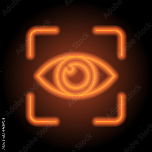 Eye scan simple icon vector. Flat design. Orange neon on black background