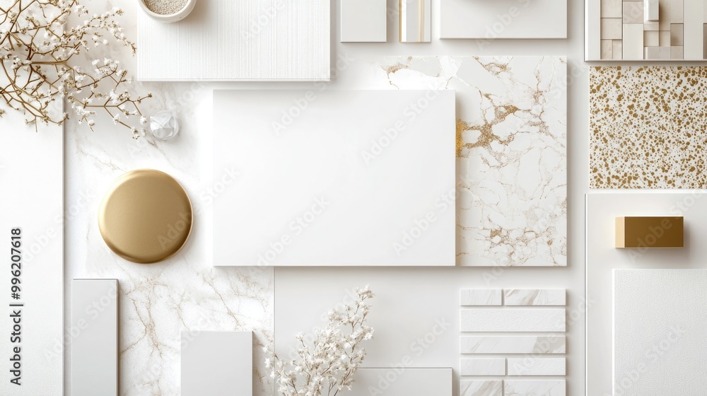 Light flat lay composition in white and gold color palette with textile and paint samples, lamella panels and tiles. Architect and interior designer moodboard. Top view. Copy space. Template