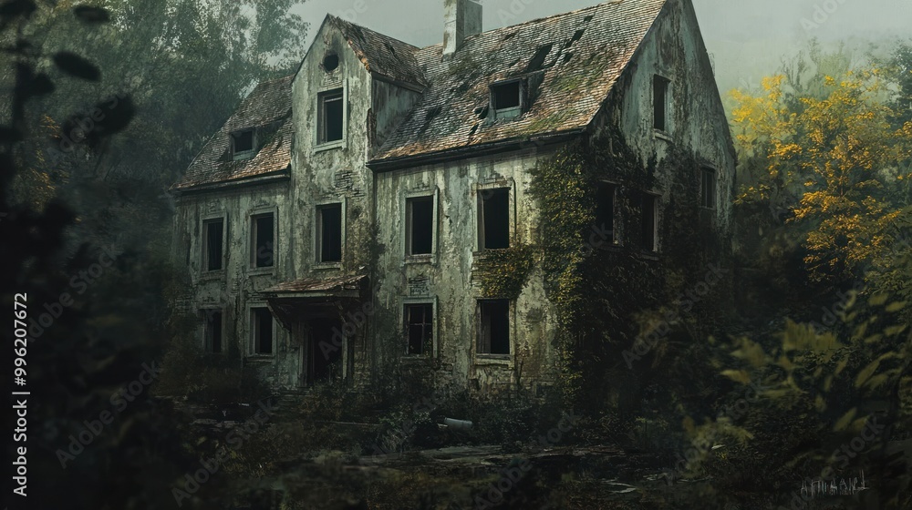 A dilapidated, overgrown house in a foggy forest
