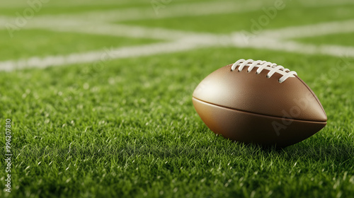 Ball for American football on fresh green field grass.