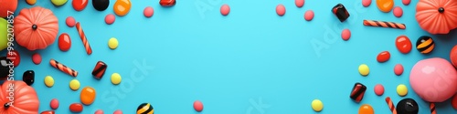Halloween banner, colorful candy scattered with spooky decorations, festive design, 3D illustration
